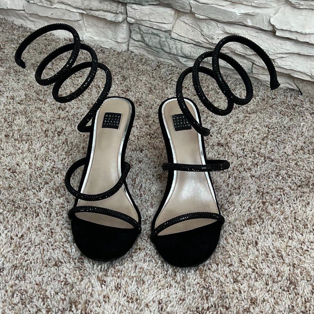 HTF White House Black Suede Market Black Crystal Wrap Strappy Heels 8